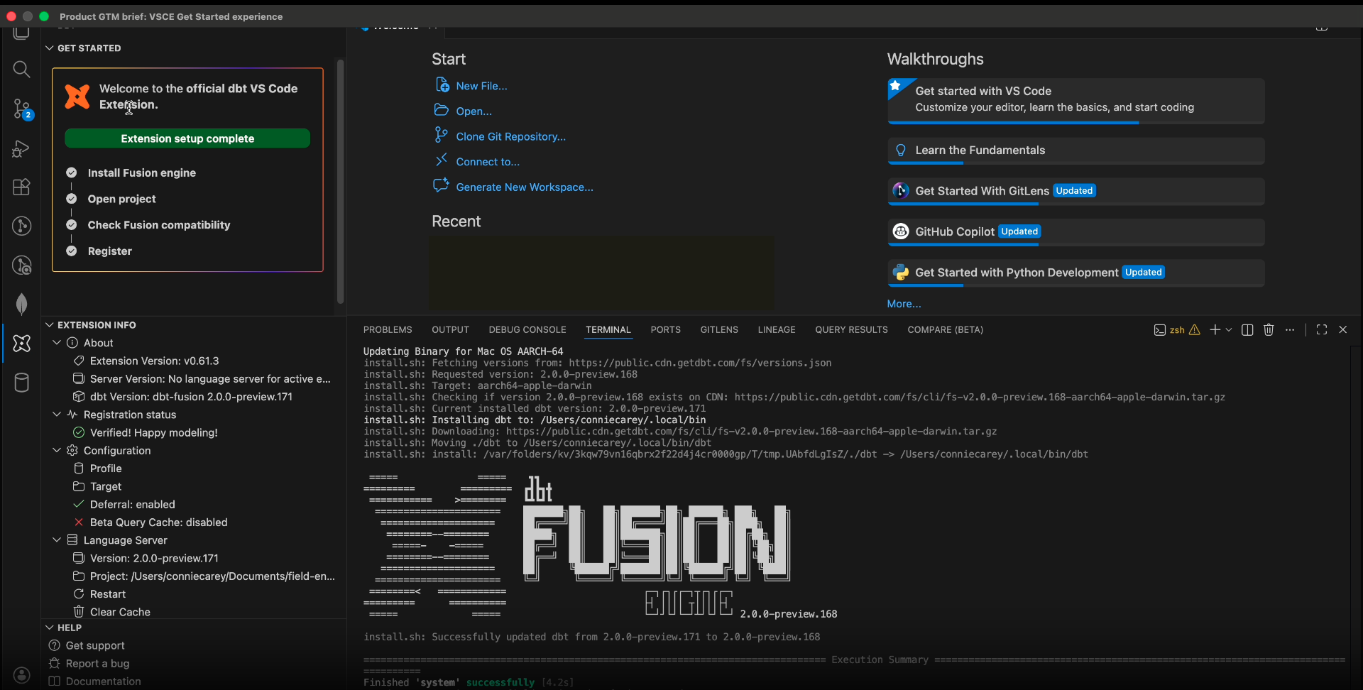 The Get started panel showing Extension setup complete with all four steps checked. The Get started panel showing Extension setup complete with all four steps checked.
